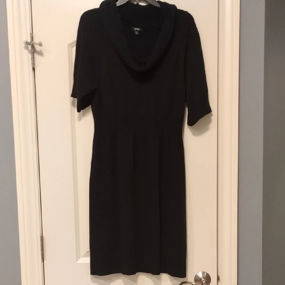 Black Sweater Dress With Cowl Neck And Defined Waist - Picture 1 of 3